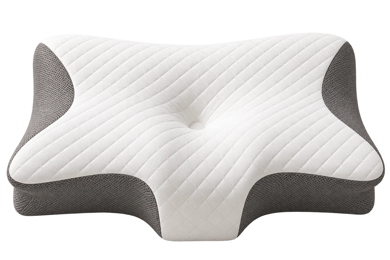 YORU ergonomic pillow with quilted white surface, central contour and grey mesh sides