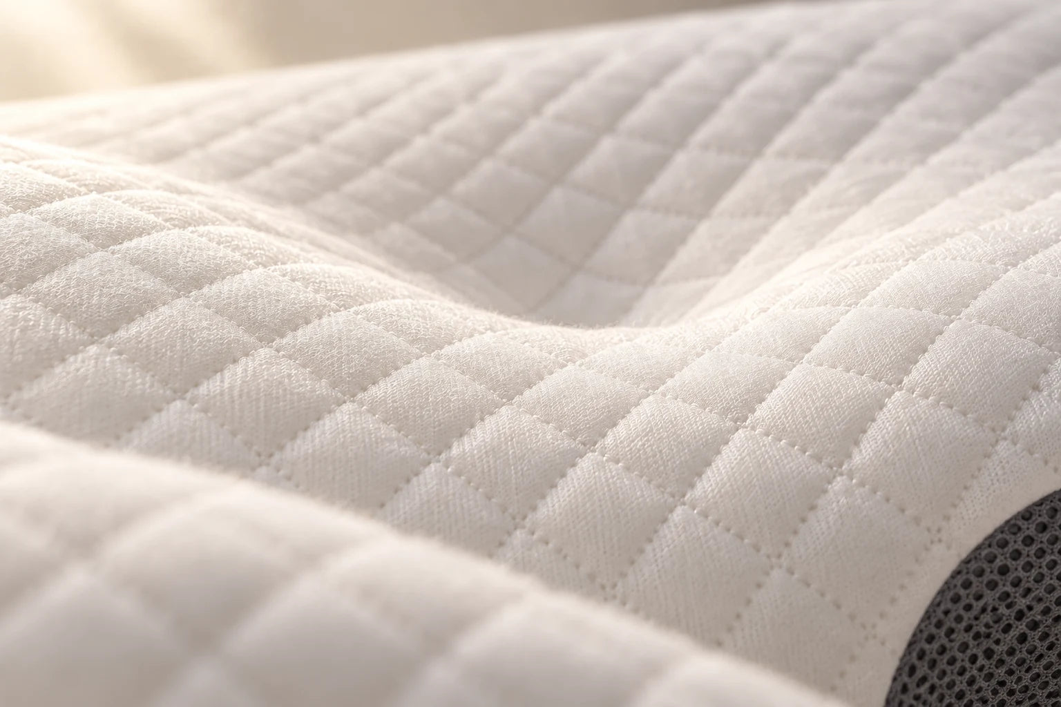 Close detail of the softly quilted white textile