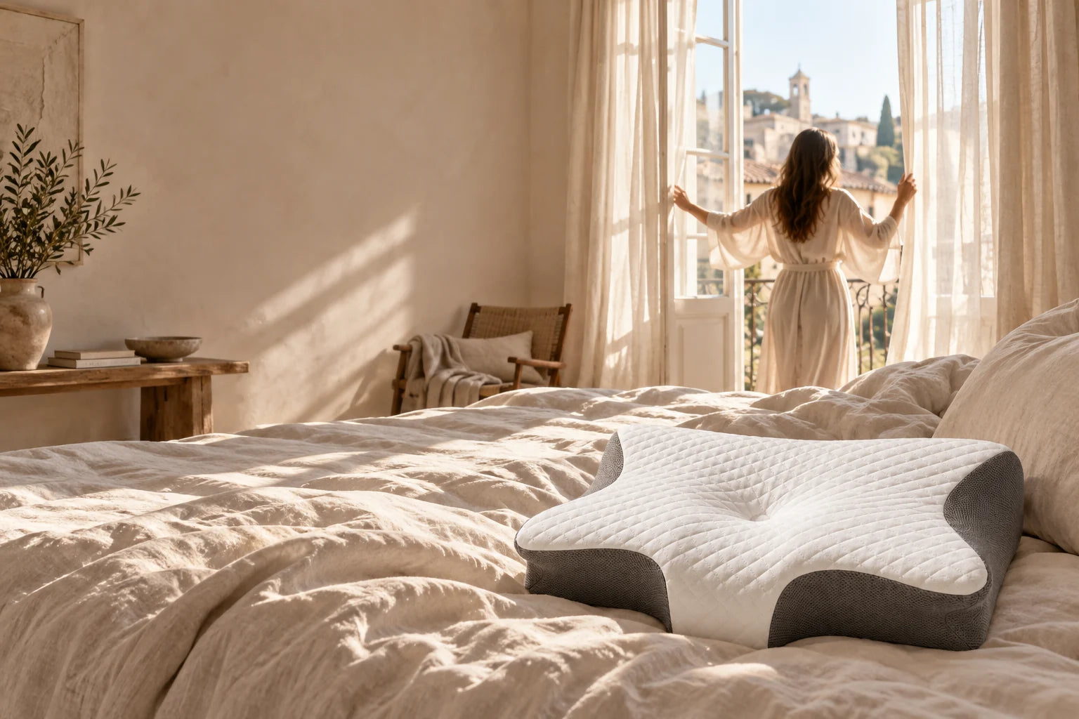 Morning light falling across a YORU pillow in a European bedroom
