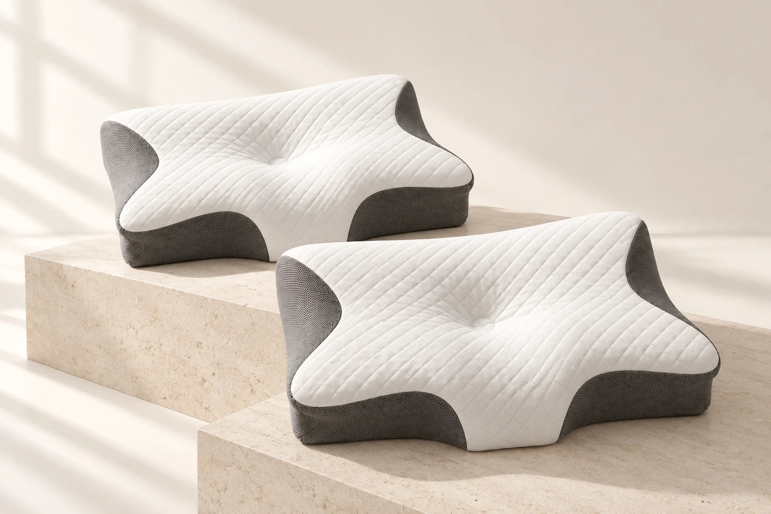 Two YORU ergonomic pillows arranged on a warm limestone plinth