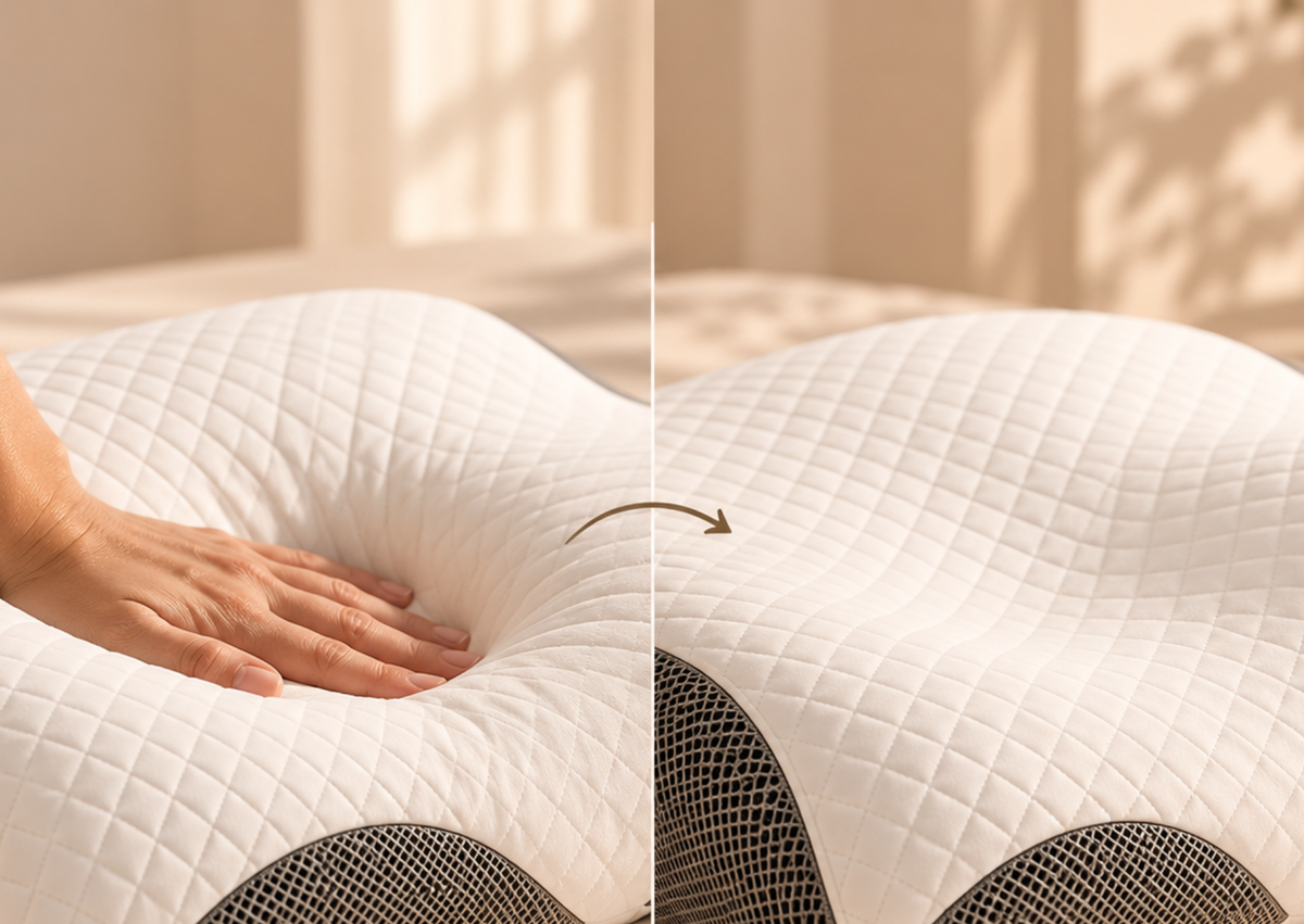 Hand gently pressing into the pillow foam